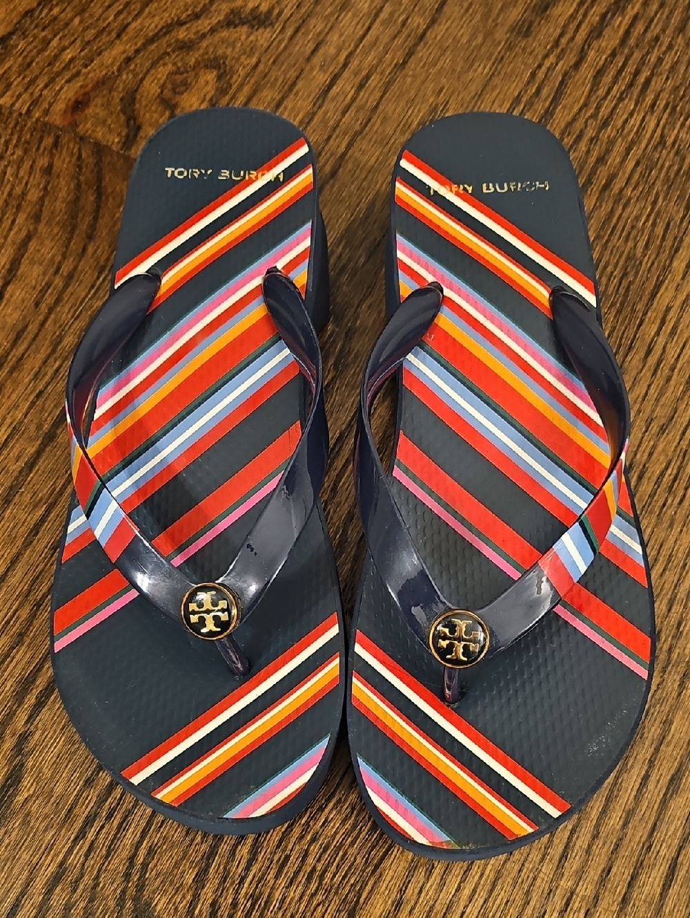 Tory Burch Navy Multicolor Striped Logo Flip Flops - Well Worn